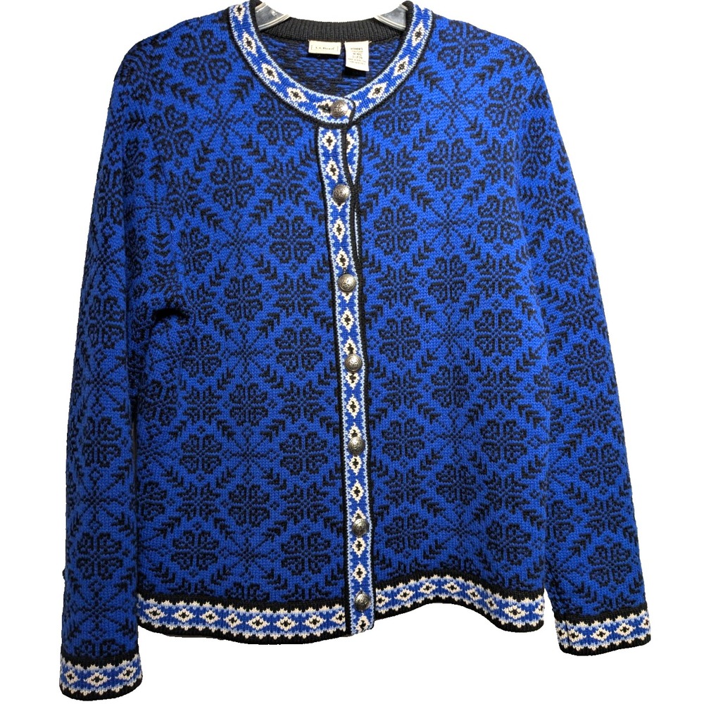LL Bean Sweater Women M Merino Wool Nordic Fair Isle Cardigan Button Up Winter